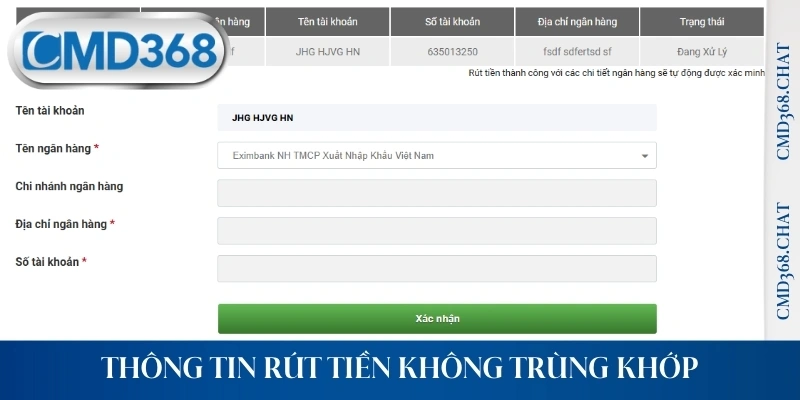 Thông tin rút tiền không trùng khớp